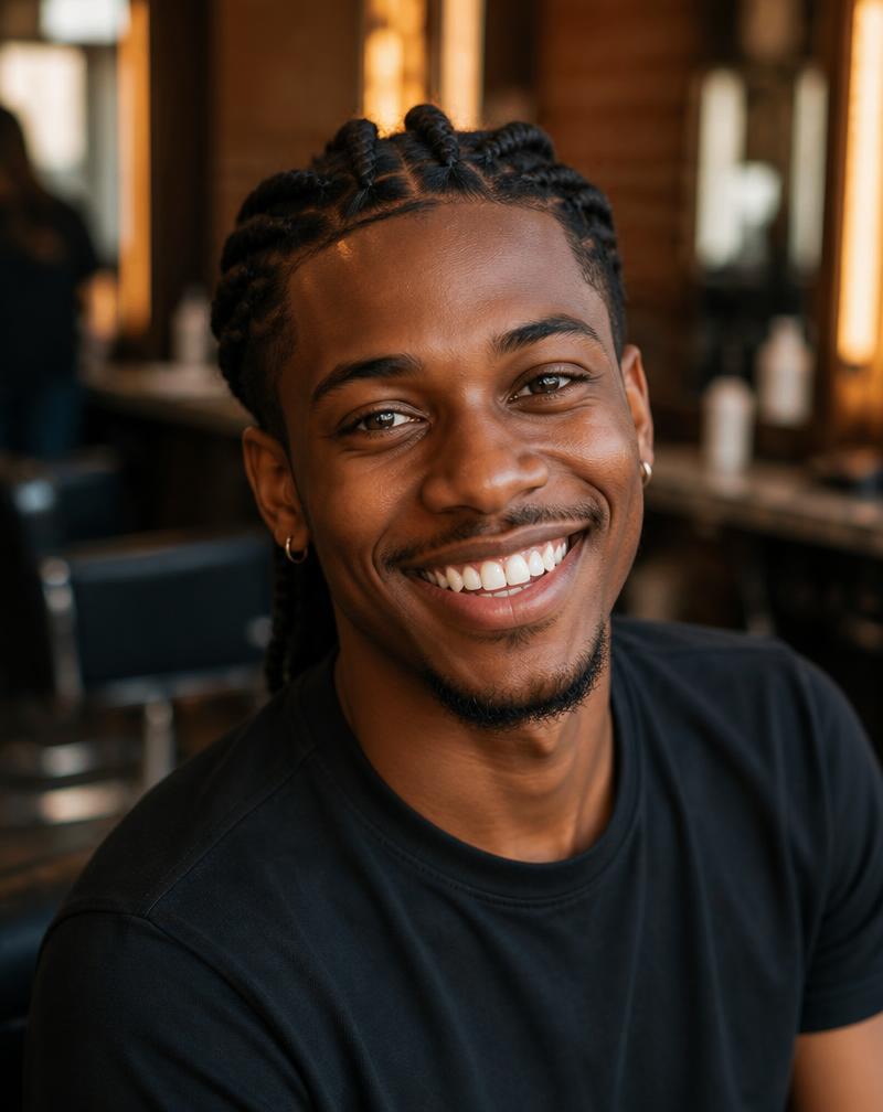Client with knotless braids smiling at Scissibles in Stroud