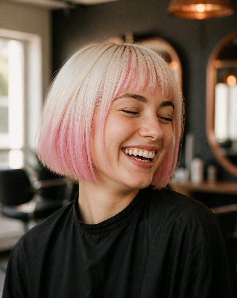 Client with a platinum and pink bob laughing after a colour service