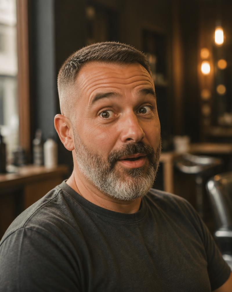 Client with a close-cropped fade and greying beard